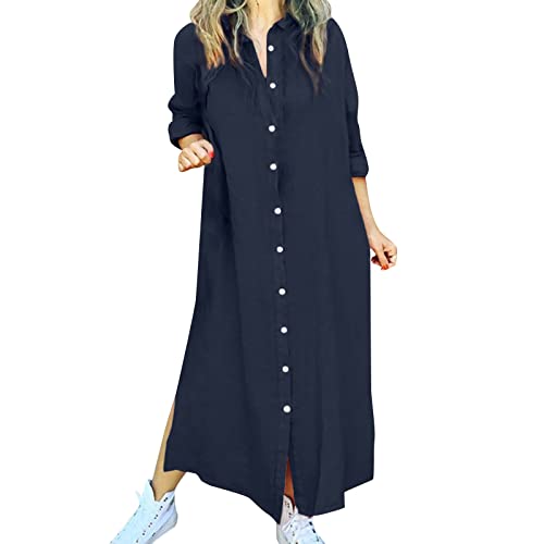 Briskorry Einfarbig Blusenkleid Damen Sommer Langarm Hemdkleid Casual Locker Sommerkleid Elegante Maxikleid große Größe Freizeitkleid Langes Kaftan Kleid mit Taschen, Marine, XL Briskorry Einfarbig Blusenkleid Damen Sommer Langarm Hemdkleid Casual Locker Sommerkleid Elegante Maxikleid große Größe Freizeitkleid Langes Kaftan Kleid mit Taschen, Marine, XL von Briskorry