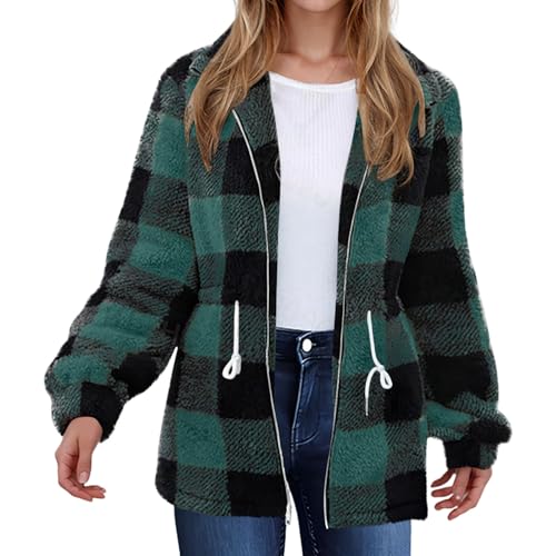 Briskorry Fleecejacke Mädchen, Winterjacken Damen, Plüschmantel Warm Turnup Übergangsjacken Reißverschluss Teddy-Fleece Wollmantel Fuzzy Weich Sportjacke Entspannt Oversize Mantel Stilvolle Karierter von Briskorry