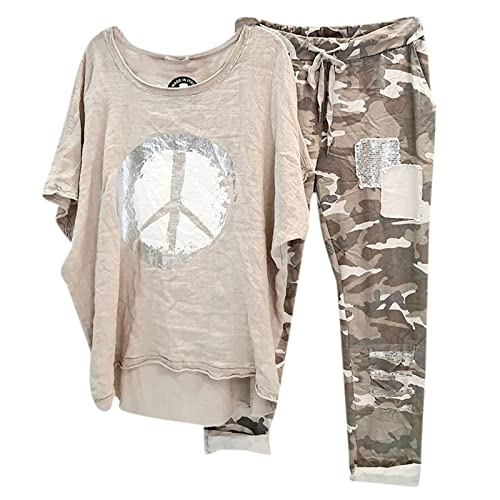 Briskorry Freizeitanzug Damen Zweiteiler Trainingsanzug 3/4 Arm Shirt Camouflage Lange Hosen Trendy Sommer Loungewear Große Größen Hausanzug Streetwear Anzüge Tracksuit von Briskorry