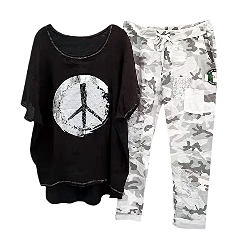 Briskorry Freizeitanzug Damen Zweiteiler Trainingsanzug 3/4 Arm Shirt Camouflage Lange Hosen Trendy Sommer Loungewear Große Größen Hausanzug Streetwear Anzüge Tracksuit von Briskorry