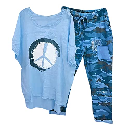 Briskorry Freizeitanzug Damen Zweiteiler Trainingsanzug 3/4 Arm Shirt Camouflage Lange Hosen Trendy Sommer Loungewear Große Größen Hausanzug Streetwear Anzüge Tracksuit von Briskorry