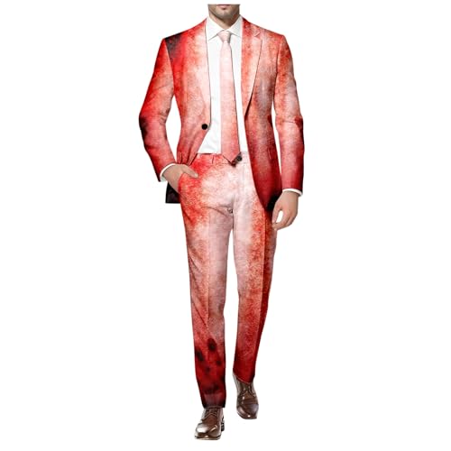 Briskorry Halloween Anzug Herren Zweiteiliger Lustig Blutig Print Kostüm Set Lange Ärmel Mantel und Hose Herrenanzug Slim Fit Stretch Sakko Knöpfen Taschen Anzughose Set für Party von Briskorry