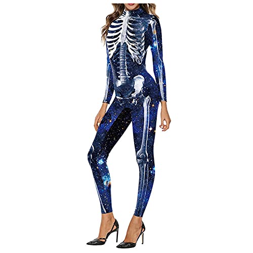 Briskorry Halloween Kostüm Damen, 3D Skelett Kostüm Frauen Sexy Overall Langarm Ganzkörperanzug Jumpsuit mit Reißverschluss Schädel Bodysuit Party Festlich Karneval Kostüm von Briskorry