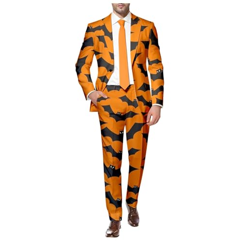 Briskorry Halloween Outfits Herren Schmale Passform Inklusive Blazer Hose Fledermaus Druck Anzug 2 Teiler Lustige Abschlussball Anzüge für Karneval und Mottopartys von Briskorry