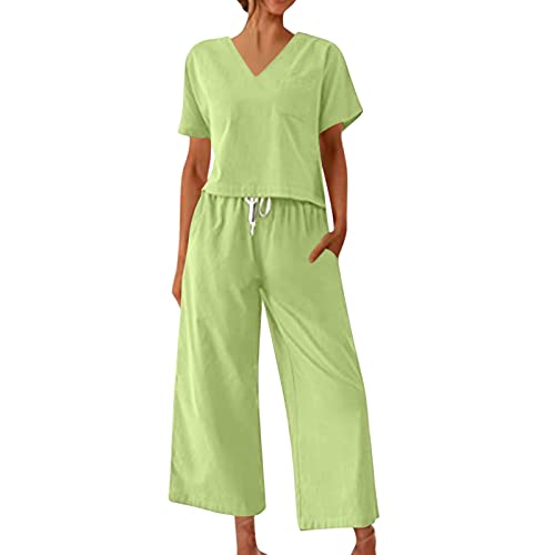 Briskorry Hausanzug Damen Set, T-Shirt Top und Hose, Hosenanzüge Lässiges Locker Loungewear-Outfits mit Kordelzug V Ausschnitt Trainingsanzug Leichter Atmungsaktiv Sportswear Y2K Solide Running von Briskorry