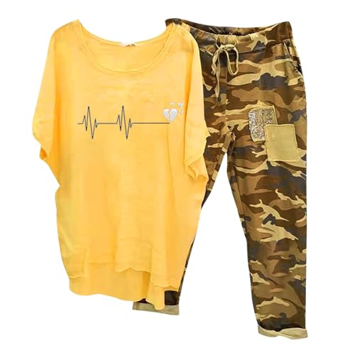 Briskorry Hausanzug Damen Set, Tshirt Weit Hose, Hose Anzug Lässiges Baggy Loungewear Rund Ausschnitt Kurzärmeliger Trainingsanzug Kuschelig Atmungsaktiv Musselin Set Einfarbiges Y2K Jogger von Briskorry