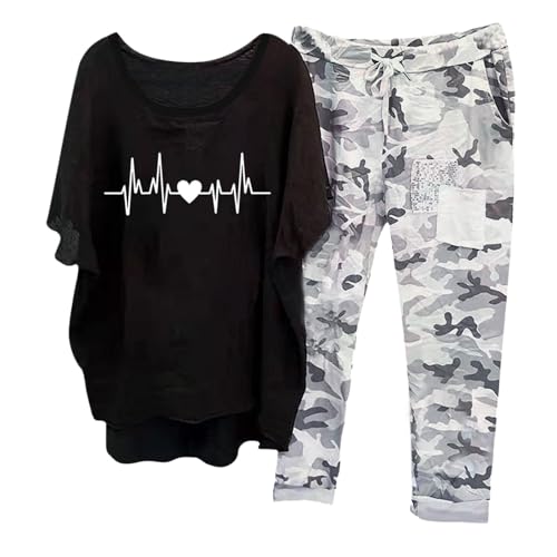 Briskorry Hausanzug Damen Set, Tshirt Weit Hose, Hosenanzug Freizeit Locker Loungewear-Outfits Rund Ausschnitt Kurzen Ärmeln Sportanzug Leichte Luftig Sport Outfit Elegant Einfarbiger Festlich von Briskorry