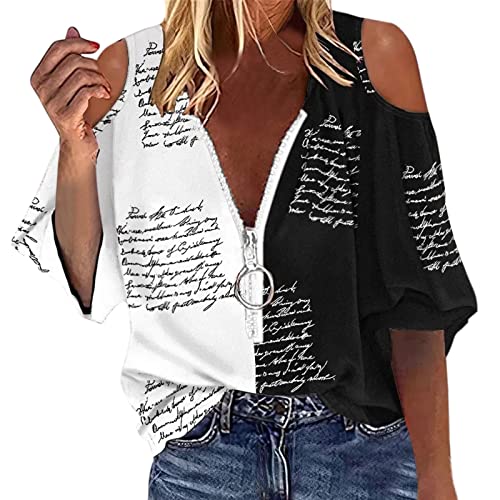 Briskorry Hemdbluse Damen Sexy Schulterfrei Oberteile Kurzarm Bluse mit Reißverschluss Tiefer V-Ausschnitt Shirt Elegant Tunika Top Sommerhemd Casual Lockere Tops von Briskorry