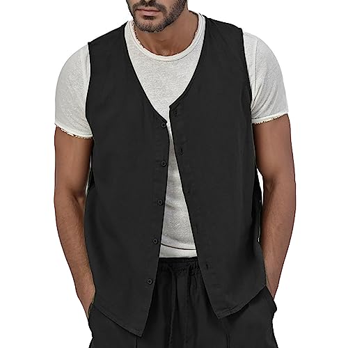 Briskorry Herren Sommer Leinenweste Anzug Weste Casual Weste Regular Fit Mens Sommer Weste Leinen V Ausschnitt Mode Anzug Weste für Hochzeit und Party von Briskorry