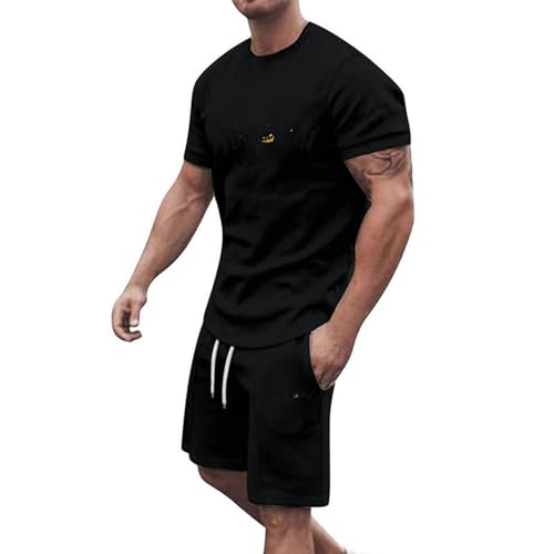 Briskorry Herren Sportanzug 2 Teiliges Lustige Buchstaben und Kürbis Trainingsanzug Rundhals Oberteile Shorts Halloween Jogginganzug Freizeitanzug Casual Outfit von Briskorry