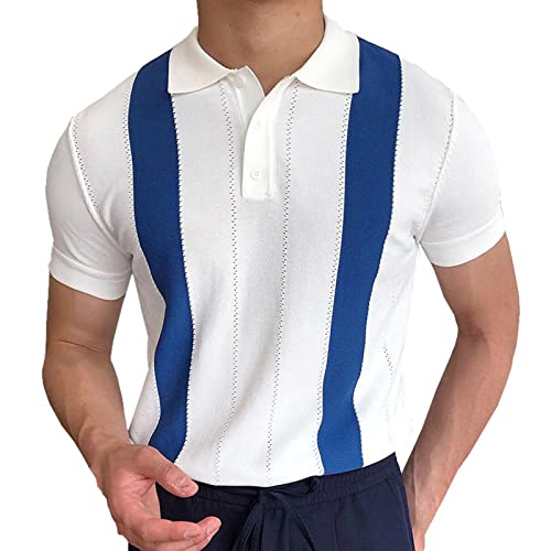 Briskorry Herren Strick-Poloshirt Kurzarm Umlegekragen Knopfleiste Farbblock Gestreift T-Shirt Stretch Slim Fit Plus Size Tops Golf Tennis Blusen von Briskorry