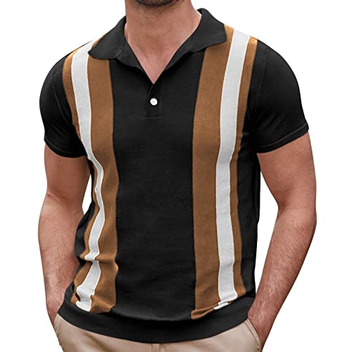 Briskorry Herren Strick-Poloshirt Kurzarm Umlegekragen Knopfleiste Farbblock Gestreift T-Shirt Stretch Slim Fit Plus Size Tops Golf Tennis Blusen von Briskorry