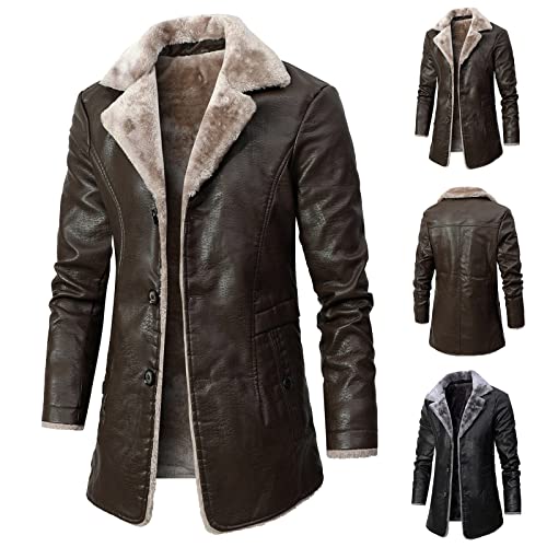 Briskorry Herren Wintermantel Vintage Ledermantel Lange Kunstlederjacke Winter Mantel Slim Fit Herrenmantel Business Mantel Herren Langer Trenchcoat Mantel Windbreaker Warm Wollmantel von Briskorry