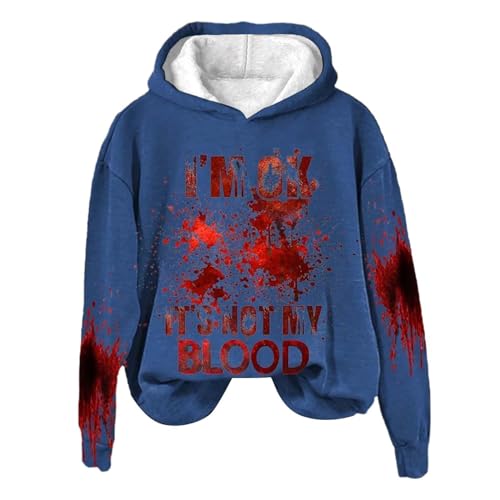 Briskorry Hoodie Damen Blau, Kapuzenpullover Damen Oversized, Hooded Langarm Kapuzen Kapuzenoberteil Freizeit Baggy Sweatshirt Bedruckte Blutiges Plüschjacke Kuschelig Fitness Sweater 2024 von Briskorry