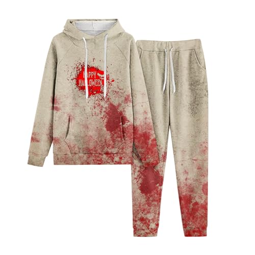 Briskorry Hoodie Damen Halloween Sweatshirt Set Buchstaben Druck Blutspritzer Sport Outfit Rundhalsausschnitt Jogginganzug 2 Stück Tracksuit Casual Zweiteiler Gruselig Freizeitanzug Bloody Loungewear von Briskorry