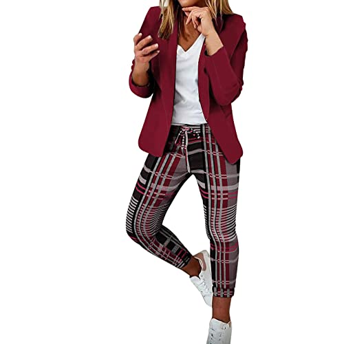 Briskorry Hosenanzüge Damen Festlich Elegant Anzug Set 2-teilig Karo Kariert Blazer Hose mit Kordelzug Zweiteiler Slimfit Festlich Sportlich Hosenanzug Streetwear von Briskorry