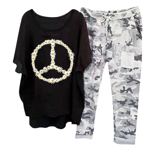 Briskorry Hosenanzug Damen Elegant 2 Teiler, Kurzarm Tshirt und Hose, Hose Anzug Lose Casual Lounge Set Kurzärmeliger Rundhals Tracksuit Bequemer Atmungsaktive Sommer Outfits Gedrucktes Y2K Yoga von Briskorry