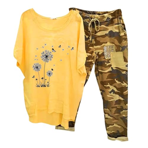 Briskorry Hosenanzug Damen Sommer, Kurzarm Tshirt und Hose, Hosenanzüge Locker Lässige Lounge Set Kurzärmeliger Rundhalsausschnitt Tracksuit Luftige Kuschelig Sommer Outfits Bedrucktes Elegante Sport von Briskorry