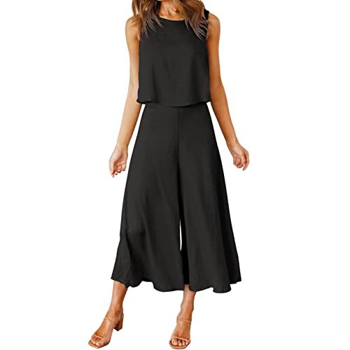 Briskorry Hosenanzug Damen Sommer, Tank Top und Hose, Hosenanzug Lässiges Lose Loungewear Rund Ausschnitt Weitem Bein Jogginganzug Bequemer Luftig Musselin Set Solid Elegantes Festlich von Briskorry