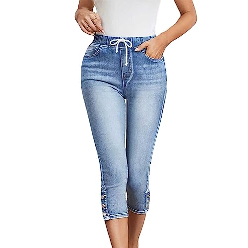 Briskorry Jeans Damen Mid Waist Stretch 3/4 Caprihose Aged-Waschung Leggings mit Taschen Teenager Mädchen Capri Laufhose Skinny Denim Jeans Lässige Push Up Capri Hose von Briskorry