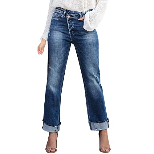 Briskorry Jeans Damen Vintage Lang Freizeithose Unregelmäßige High Waist Jeanshosen Gerade Breites Bein Baggy Denim Hosen Distressed Boyfriend Streetwear von Briskorry