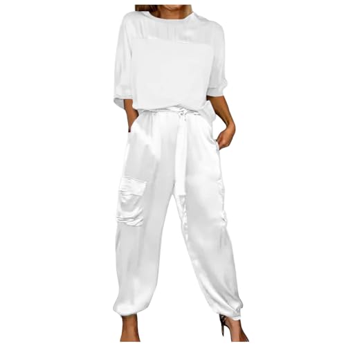 Briskorry Jogginganzug Damen Lang, Tshirt und Hose, Hosenanzug Freizeit Locker Lounge Set Satin Rundhalsausschnitt Sweatsuit Luftig Leichte Damen-Outfits Einfarbiger Y2K Festlich von Briskorry