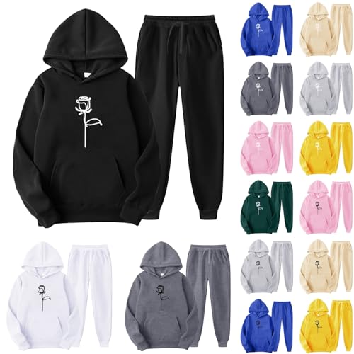 Briskorry Jogginganzug Herren Zweiteilig Rose Graphic Print Hoodie und Sporthose Autumn Winter Einfarbig Bequeme Freizeitanzug Baggy Y2K Kapuzenpullover mit Taschen und Sweathose mit Kordelzug von Briskorry