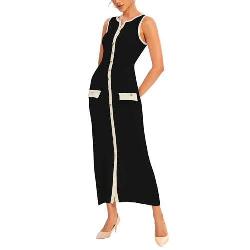 Briskorry Kleid Damen O-Ausschnitt Lang Winterkleid Ärmellos Strickkleid Slim Fit Stretchy Figurbetontes Kleid Elastisch Sweater Kleid Für Tägliche Reisen, Arbeit Alltag von Briskorry