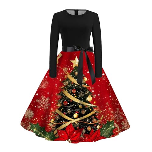 Briskorry Kleid Weihnachten Damen, Xmas Party Kleid Langarm Sexy Cocktailkleid Rockabilly 1950er Abendkleider A Linie Swing Weihnachtskleider Ugly Weihnachtsmotive Vintage-Kleider Silvester von Briskorry