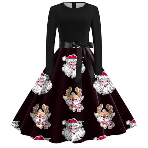 Briskorry Kleid Weihnachten Mädchen, Christmas Party Kleid Langarm Elegant Cocktailkleider Rockabilly Vintage Abendkleider A-Linie Swing Weihnachten Kleid Ugly Weihnachten Drucken Winterkleid 2024 von Briskorry