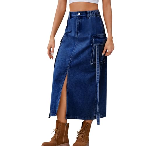 Briskorry Langer Rock Damen Knopfleiste A-line Side Split Jeans Rock Elastische High Taille Cargo Rock Maxi Jeansrock Distressed Rock von Briskorry