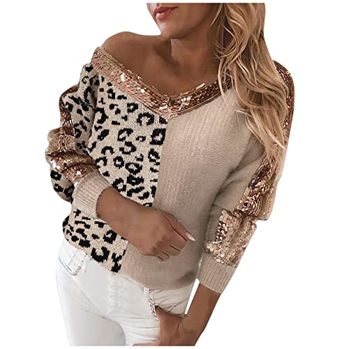 Briskorry Leopard gespleißter Pullover Damen Pailletten Sweatshirt Langarm Casual Mode Langarmshirt Glitzer V-Ausschnitt Oberteile Herbst Winter Jumper Elegant Shirt Bluse Tops Tunika von Briskorry