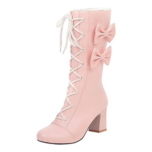 Briskorry Mitte Wade Stiefel Damen Stiefel Winter Bowknot Chunky Ferse Hohe Ferse Mittlere Waden Stiefel Student Stiefel Stiefel Damen Mit Absatz Vintage Zarte Schnüren Schuhe von Briskorry