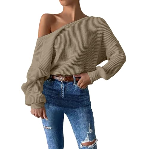 Briskorry Pullover Schulterfrei Damen, Grobstrickpullover Damen, Wollpullover Langen Ärmeln Sexy Sweater Stricken Elegante Sweatshirts Warme Klobig Longshirt Einfarbig Basic Streetwear Lässig Komfort von Briskorry