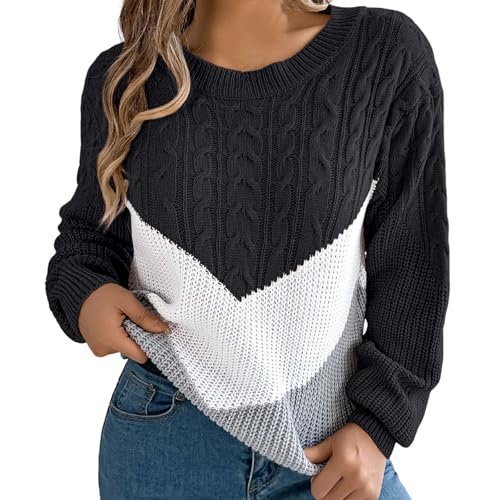 Briskorry Pullover Y2K, Grobstrickpullover Damen, Grobstrick-Pullover Langärmeliger Rundhals Jumpers Knit Elegante Fleecepullover Dicke Warm Langarmshirt Farbblock Mode Streetwear Bequem Lounge von Briskorry