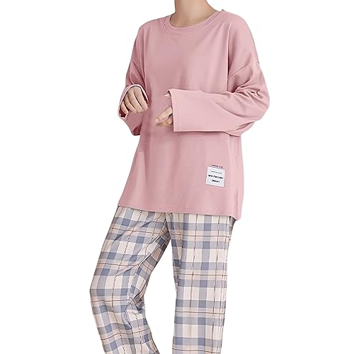 Briskorry Schlafanzug Damen Lang Weiche Langarm Pyjama Set Rundhals Nachtwäsche Kuschelig Zweiteiliger Sleepwear Soft Loungewear Hausanzug mit Karierte Hose Teenager Mädchen Schlafanzüge von Briskorry