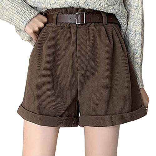 Briskorry Shorts Damen Sommer Knielang Kurze Cord Hose Einfarbig Leicht Kurz Freizeithose Teenager Mädchen Elegant Sommershorts Mit Taschen Loose Fit Bermuda Shorts mit Gürtel von Briskorry