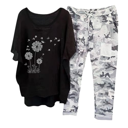 Briskorry Sommer Outfits Damen, Kurzarm Tshirt und Lang Hose, Hosenanzüge Baggy Casual Loungewear Kurzärmeliger Rundhals Trainingsanzug-Set Bequeme Luftige Sommer Outfits Solid Elegantes Sport von Briskorry