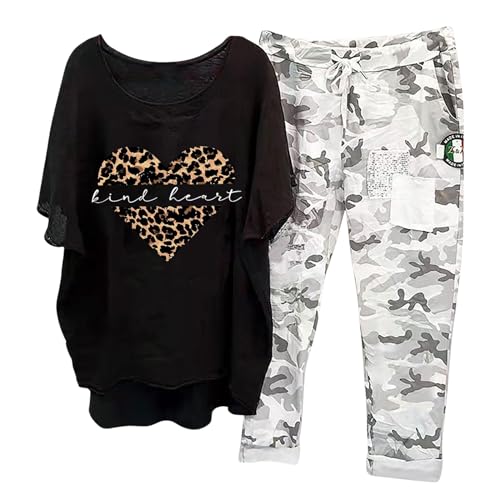 Briskorry Sommer Outfits Damen, Tshirt Weit Hose, Hosenanzüge Lockere Passform Lässige Lounge Set Kurzen Ärmeln Rundhalsausschnitt Tracksuit Leicht Luftig Damen-Outfits Einfarbiger Elegant Sport von Briskorry