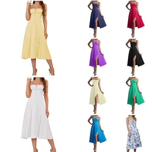 Briskorry Sommerkleider für Damen, Casual Ärmellos Spaghettiträger Strandkleid U-Ausschnitt Solide Farbe Urlaub Party Sundress Elegant Split Saum Langes Kleid Y2K MaxiKleid von Briskorry