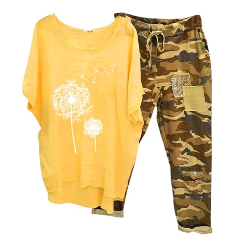 Briskorry Sportanzug Damen Sommer, Tshirt und Hose, Hosenanzug Lässiges Lockerer Lounge Set Rundhals Kurzen Ärmeln Jogginganzug Atmungsaktive Leicht Activewear Einfarbig Sexy Jogger von Briskorry