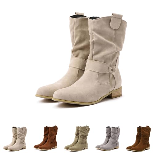 Briskorry Stiefeletten Damen Elegant Wildleder Halbstiefel Spitz Schlupfstiefel Cowboystiefel mit Schnalle Kurzstiefel Winterstiefel Halbhohe bequemer Absatz Ankle Boots Halbhoch Westernstiefel von Briskorry