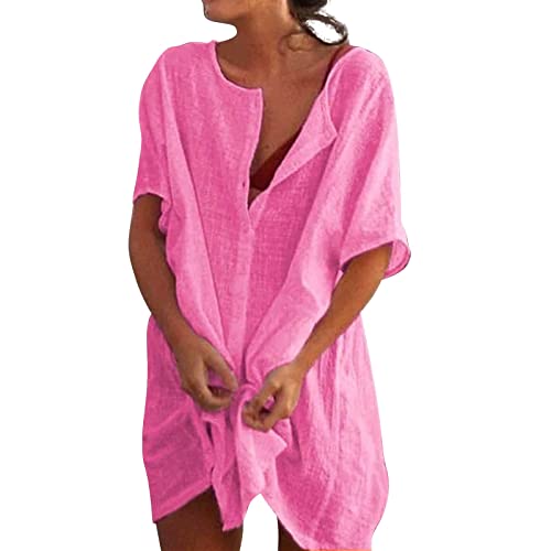 Briskorry Strandkleid Bikini Cover Up Frauen Rund Ausschnitt Longblusen Knopfleiste Kurzarm Beach Strandponcho Pareos Sommerkleid Locker Bademode Strandtunika Vertuschen Shirt für Urlaub von Briskorry