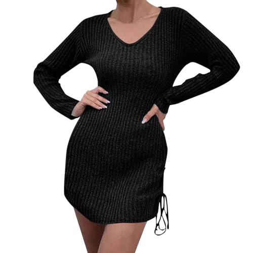 Briskorry Strickkleid Damen Einfarbig Pulloverkleid Mit V-Ausschnitt Langarm Autumnkleid Winter Elegant Pulloverkleid Pullover Kleid Für Straßenfotografie, Strand, Party von Briskorry