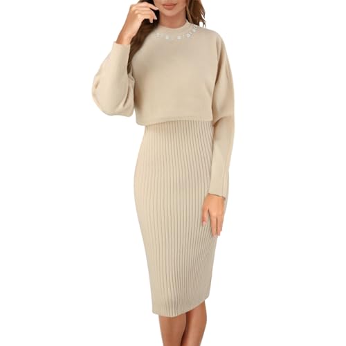 Briskorry Strickkleid Damen Elegant Herbst Outfit Zweiteiliger Pullover Oberteil und Kleid Bodycon 2 Stück Set Langarm Sweater Midikleid Herbst Pullikleid Gestrickt Winterkleid von Briskorry