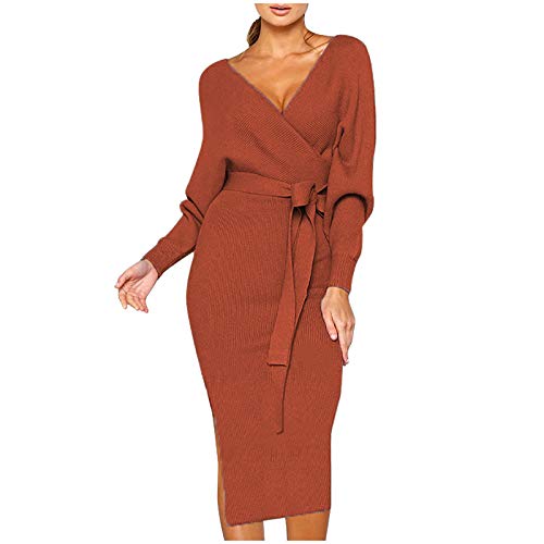 Briskorry Strickklied Damen Lang Maxikleid Herbst Winter Langarm Pulloverkleid Eng Strick Bodycon Kleider Warm Winterkleid Festlich Elastische Casual Elegant V-Ausschnitt Etuikleid Freizeitkleider von Briskorry