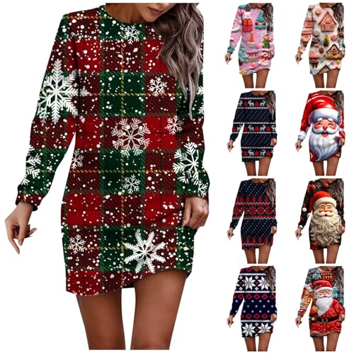 Briskorry Sweatkleid Damen Weihnachtskleid Langarm Kleid Weihnachten Langarmshirt Weihnachtspullover Autumn Winter Vintage Sweatshirt Rundhals Minikleid Weihnachten Druck Kleider Elegant Oberteile von Briskorry