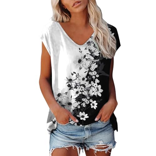 Briskorry T-Shirt Damen Sommer, Modische Oberteile Damen, Tee Shirts V-Ausschnitt Kurzarm Shirts Bedruckte Klassischer Top Lockeres Lässig Sommerbluse Luftige Komfort Longblusen Versatile Urlaub von Briskorry