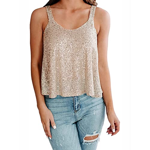 Briskorry Tank Top Damen Sexy Locker Pailletten Crop Top U-Ausschnitt Lässig Tops Frauen Glitzer Spaghettiträger Oberteil Camisole Club Party Trägershirt Pailettenshirt von Briskorry