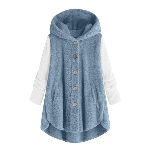 Briskorry Teddyjacke Damen, Winterjacke Teenager, Plüschjacke Kapuzen Warmes Softjacket Teddyfleece Knopfleiste Vliesjacke Comfy Flauschig Sweatshirt Lose Oversize Cardigan Modern Farbblock von Briskorry